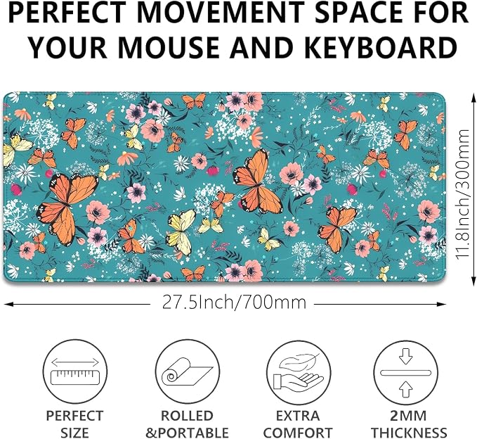 Colorful Butterflies and Flowers Extended Desk Pad Mouse Pad,Stitched Edges Non-Slip Rubber Base XL Mouse Mat Desk Mat for Office Home Work Blue Mousepad(27.5X11.8 Inch)