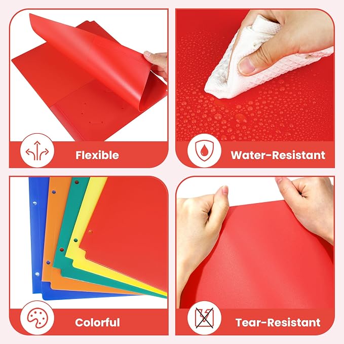 SUNEE 3-Hole Pocket Folders - 5 Pack Assorted Colors, Recycled Plastic, 3-Ring Binder Folders with Pockets for Kids, Students, Teachers, Office