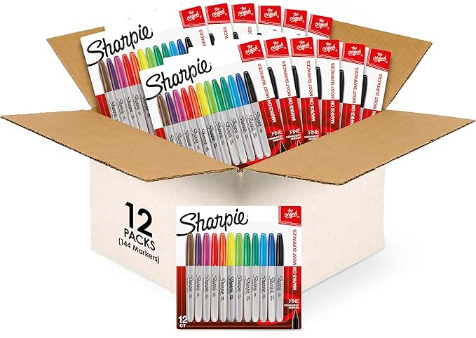 Sharpie Permanent Markers, Quick Drying And Fade Resistant Fine Tip Marker Set For Wood, Plastic Paper, Metal, And More, Drawing, Coloring, And Poster Marker, Assorted Colors, 144 count (12 packs of 12)