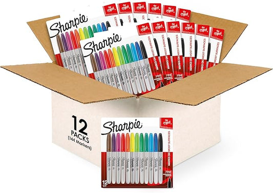 Sharpie Permanent Markers, Quick Drying And Fade Resistant Fine Tip Marker Set For Wood, Plastic Paper, Metal, And More, Drawing, Coloring, And Poster Marker, Assorted Colors, 144 count (12 packs of 12)
