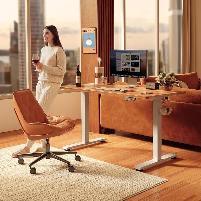 FEZIBO 40 x 24 Inchs Electric Standing Desk, Height Adjustable, Sit Stand Up, Computer Office Desk with Splice Board, White Frame/Light Rustic Top | Sit and Stand Up Adjustable Desk, Home Office Computer Desk with 3 Customizable Memory Presets