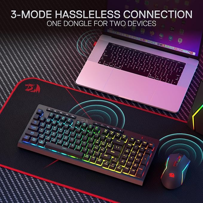 Redragon S142 Wireless Gaming Keyboard & Mouse Combo, 98 Keys K515 PRO RGB Membrane Keyboard & 4800 DPI Wireless 2.4Ghz Gaming Mouse Bundle, Convenient Shared Dongle