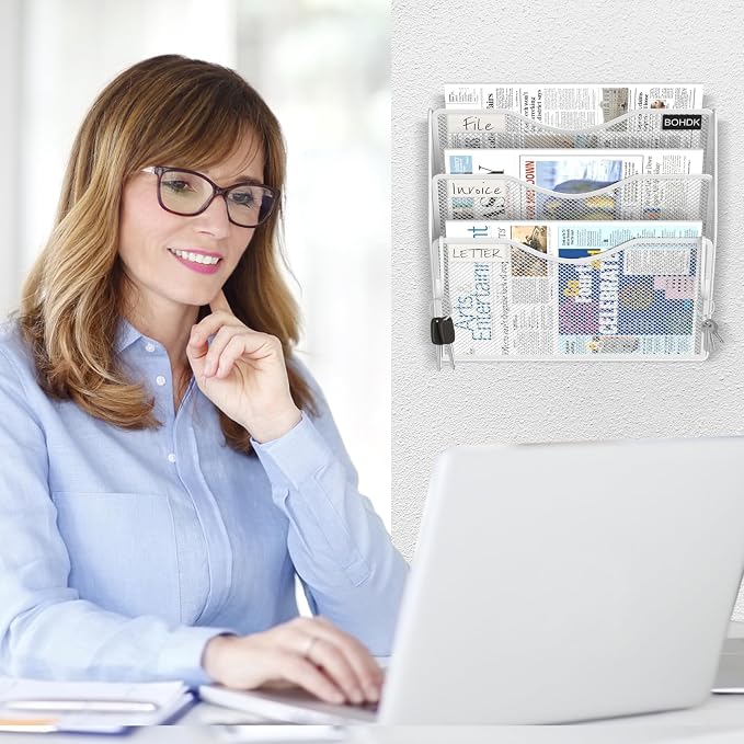BOHDK Wall File Organizer, 3 Tire Hanging File Folder Mail Organizer, Vertical Mesh Metal Door/Wall Mount Hanging File Organizer, Paper Document Magazine Rack with Hooks for Home Office White