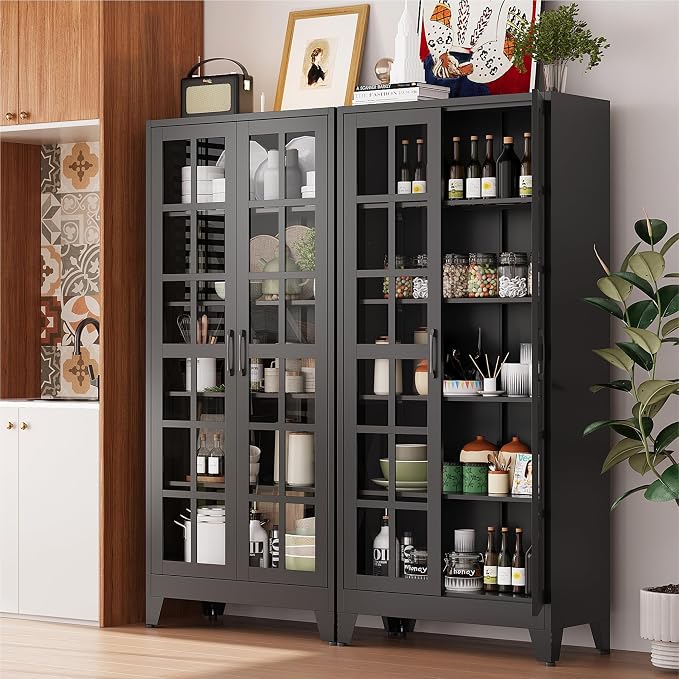 COFaR 71" Black Metal Pantry Cabinet with Glass Doors for Living Room | 5-tier pantry and display cabinet with glass doors and 4 adjustable shelves for kitchen, dining room, living room or office.