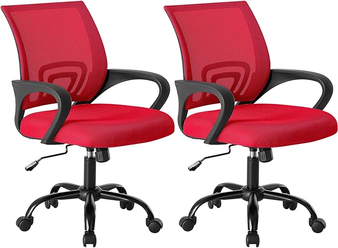 OLIXIS Office Desk Chair - Ergonomic Mid Back with Lumbar Support & Rocking Mode, Height Adjustable with Fixed Armrest, for Home, Computer, Gaming, Conference, Meeting Room, 360° Swivel, Red, 2 Pack