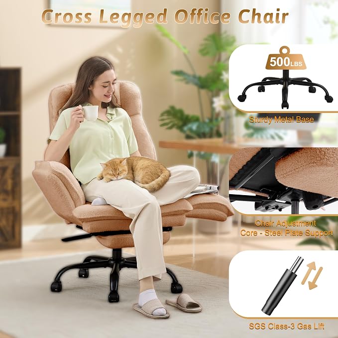 Wider Seat Office Chair with Flip Armrests for Criss Cross Legged&Cats, Big and Tall Executive Ergonomic Reclining Chair with Footrest&Lumbar Pillow, Teddy Fleece Desk Chair,Brown Vanity Chair
