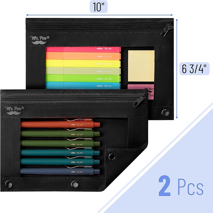 Mr. Pen Fabric Pencil Pouch with 3 Binder Holes, Black, Set of 2 (Pack of 2)