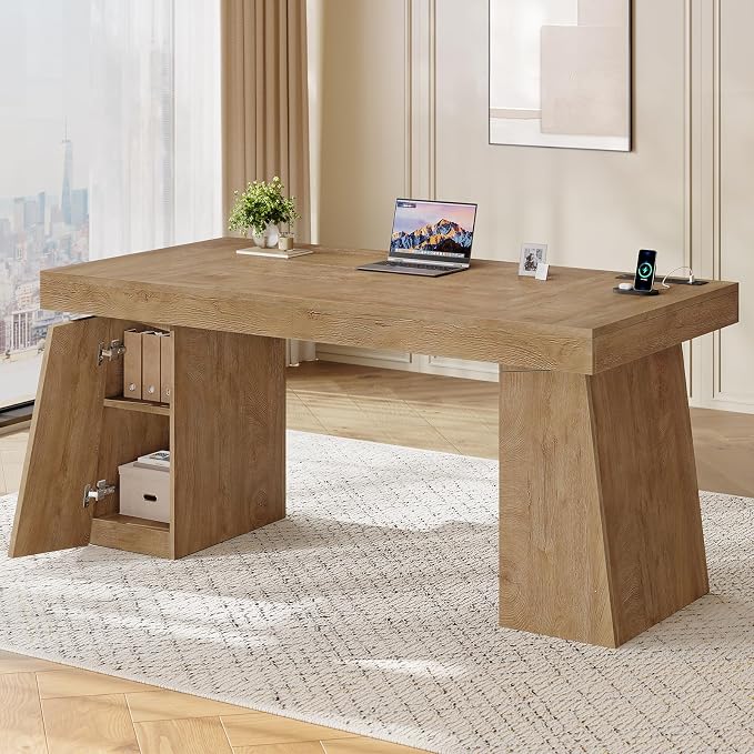 55.9 in Executive Desk with Power Outlets, Modern Home Office Desk with Storage Cabinet, Wood Computer Desk Business Workstation Desk Conference Table, Oak (Storage Cabinet)