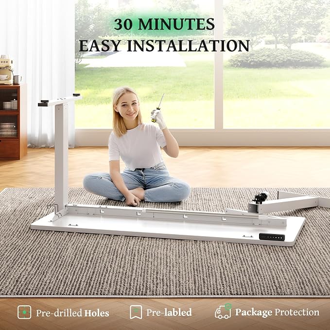 White 47x24 in Electric Standing Desk, 0.8 Inch Thick Tabletop | Holds 200lbs, Sit Stand, 3 Memory Height Adjustment, Extra Deep Table Top, White Frame