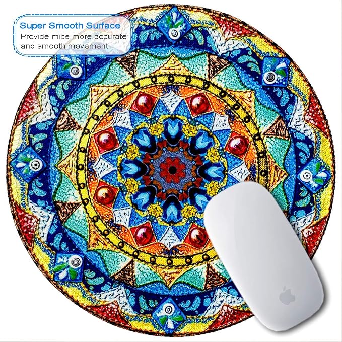 BOSOBO Mouse Pad, Round Mandala Mouse Mat, Small Mousepad with Designs, Non-slip Rubber Mouse Pad with Stitched Edge, Customized Mouse Pad for Women Girls Office Dorm Computer Laptop, 7.9 x 7.9 Inch
