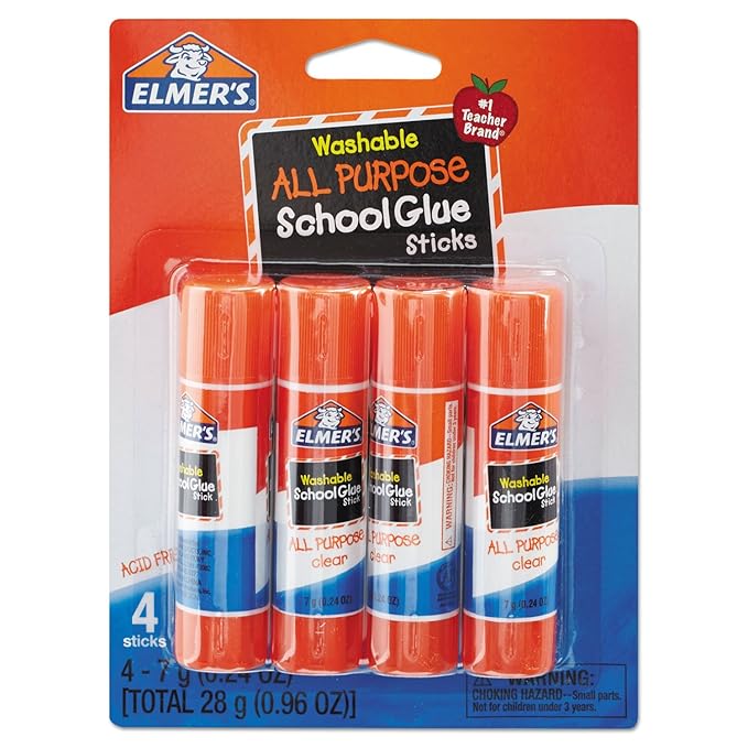 Elmer's All Purpose School Glue Sticks, Clear, Washable, 4 Pack, 0.24-ounce sticks
