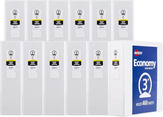Avery Standard View 3 Ring Binders, 3" Round Rings, 460-Sheet Capacity, 3.5 Inch Wide Spine, White Binders, Ideal for Lightweight Organization and Occasional Referencing (12-Pack of 05741)