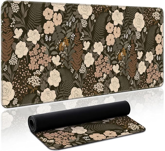 Aesthetic Desk Mat, Cute Wild Rose Desk Pad Protector for Work & Decor, 35.4" x 15.7", Pretty Non-Slip Extended Mouse Pad for Office or Home