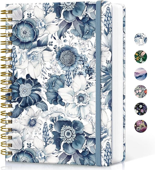 Taja Lined Spiral Notebook Journal for Work, 300 Pages Thick B5 (7.1"x10") College Ruled Journal for Women & Writing, Hardcover Notebook for Note Taking, Perfect for Office Home School, Blue Floral