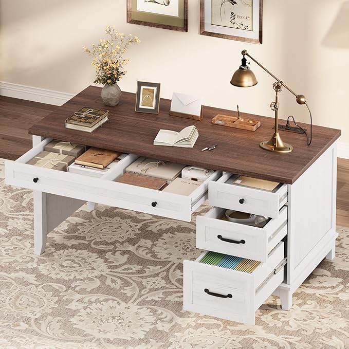 Garvee 53.5" Wooden Home Office Desk with File Drawers, Executive Desk with Power Outlet, Farmhouse Wood Desk with Storage, Distressed Study and Work Table, Rustic White