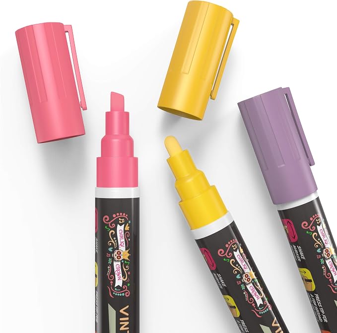 CHALKY CROWN Liquid Chalk Markers - Vintage Colors - 8 Pack, 6mm | Unique Vintage Color Palette for Glass, Signs & Chalkboards - Reversible 6mm Chisel & Bullet Tip - Easy Wet Wipe Clean