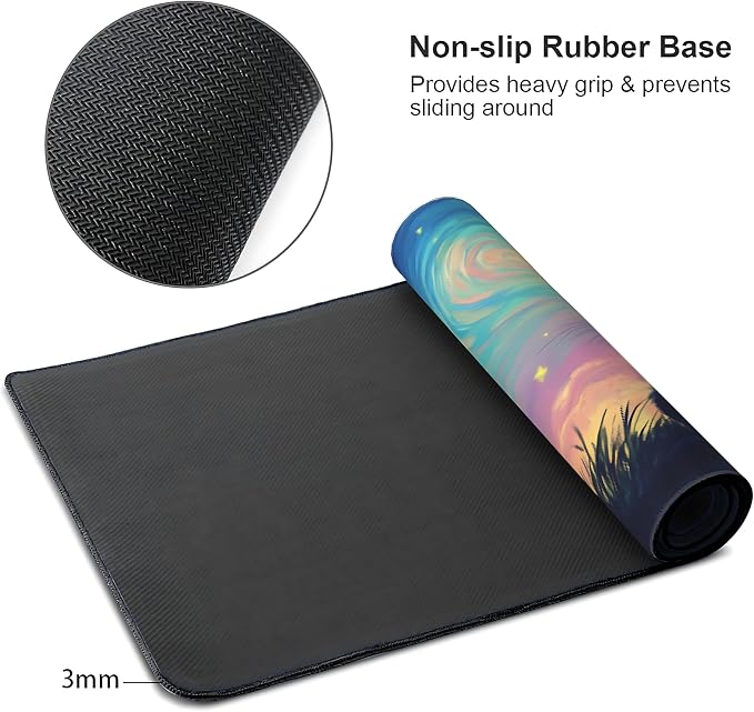 Cute Anime Black Cat Gaming Mouse Pad, Colorful Van Gogh Desk Mat with Anti-Slip Base & Stitched Edges,35.4" x 15.7" in Desk Accessories for Women, Home Office Decor & Artistic Gift