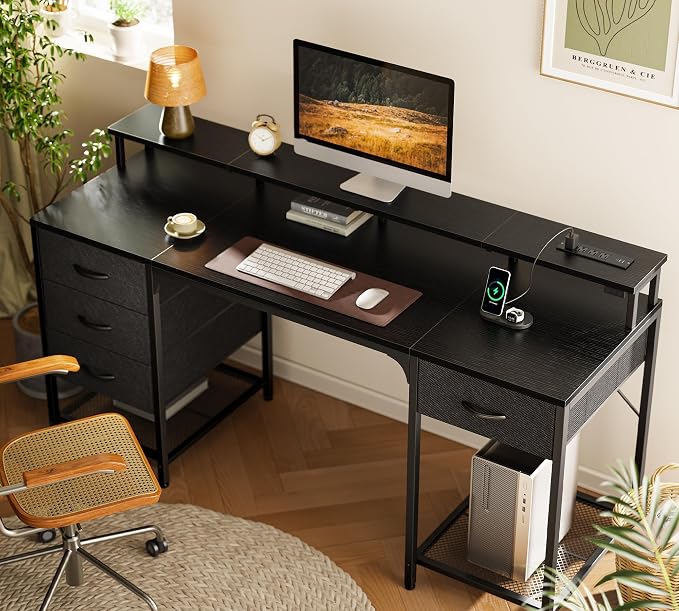 Huuger 63 inch Computer Desk with Power Outlets & 4 Drawers | Gaming Desk with LED Lights, Home Office Desk with Large Storage Space for Bedroom, Work from Home, Black