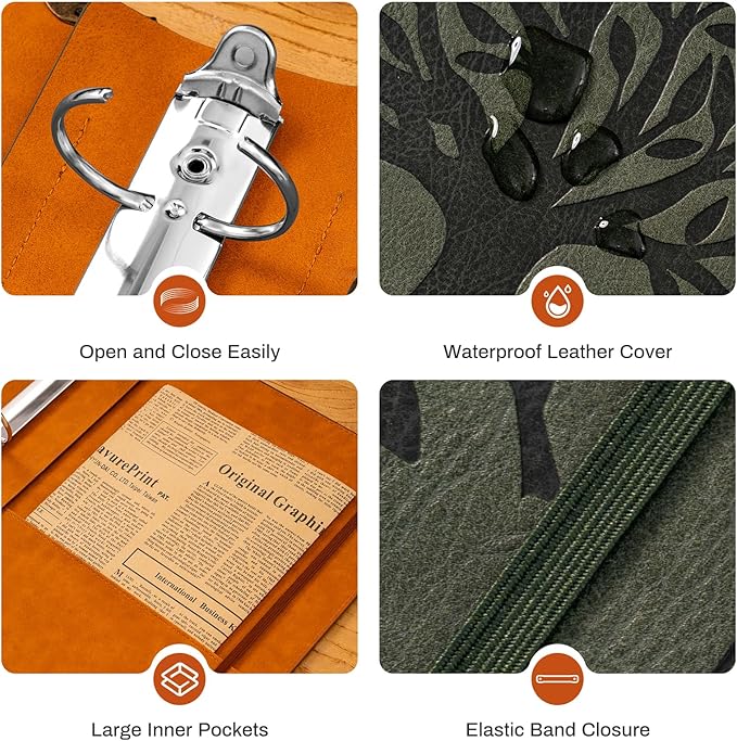PU Leather 3 Ring Binder Fits 8.5"x11" Letter Size Paper, 2 Inch Round Ring Binder Holds 500 Sheets, Notepad Paper Cover Loose Leaf Organizer, Green Tree