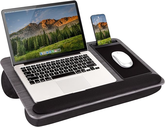LAPGEAR Home Office Pro Lap Desk - Gray Woodgrain, Fits 15.6” Laptops | Built-In Mouse Pad & Phone Slot, Wide Cushioned Wrist Rest, Dual-Bolster Microbead Cushion, Carry Handle