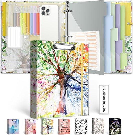 1 Inch 3 Ring Binder Organizer, Three Ring Binder with Clipboard, 5-Tabs Pockets Dividers, Transparent Folder,18 Divider Stikers, BVSSX Decorative Binders for Letter Size 8.5"x11" Paper (Seasons Tree)