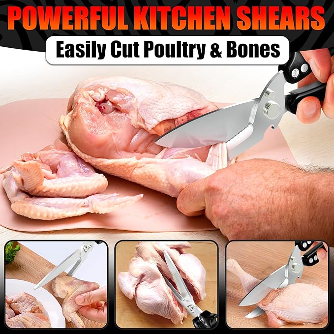 4-in-1 Multi-Use Heavy Duty Poultry Shears – Sharp Seafood, Fish, Turkey & Chicken Shears with Non-Slip Metal Handle & Micro-Serrated Blades – Spring-Loaded, Safety Lock Bone Scissors (Black)