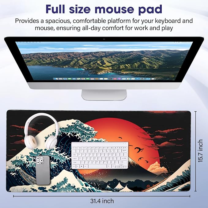 Professional Extended Gaming Mouse Pad - 31.5" x 15.7" Large Desk Mat with Stitched Edges, Waterproof Coating Non-Slip Rubber Base for Gamers Esports Pros Office Home, Moon Wave