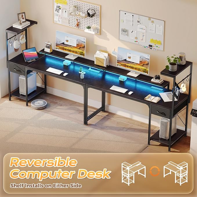 55.1 Inch Gaming Desk with LED Lights & Power Outlets | Computer Desk with Drawer & Storage Shelves, Office Writing Desk with Monitor Stand for Work from Home, Black