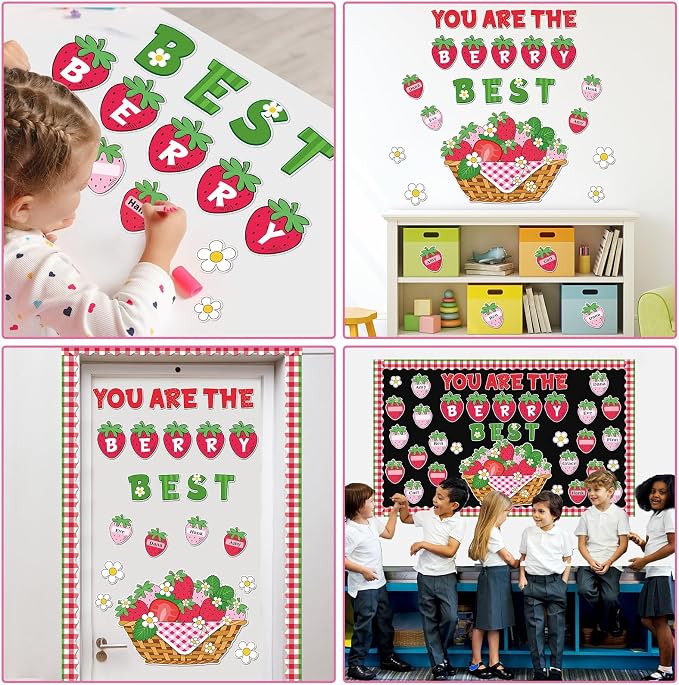 Strawberry Bulletin Board Set Back to School Classroom Decorations Summer Berry Flower Border Pink Sweet Fruit Name Tags Paper Cutouts for Teacher Strawberry School Supplies Chalkboard Wall Door Decor