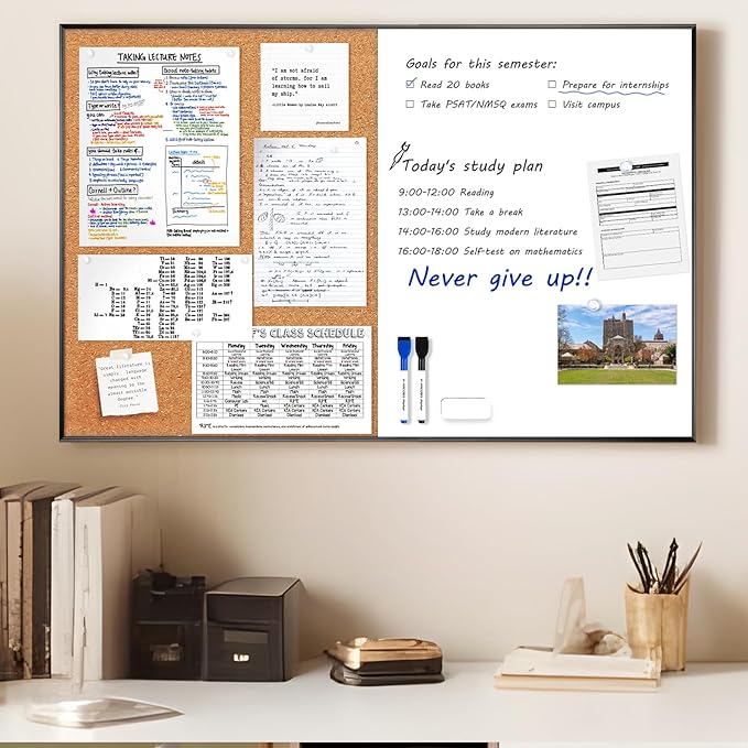 ARCOBIS Cork Board White Board Combo, 36 x 24 Inch Bulletin Board, Magnetic Dry Erase Board & Corkboard for Wall, Vision Board for Home, Office, School, Black Frame