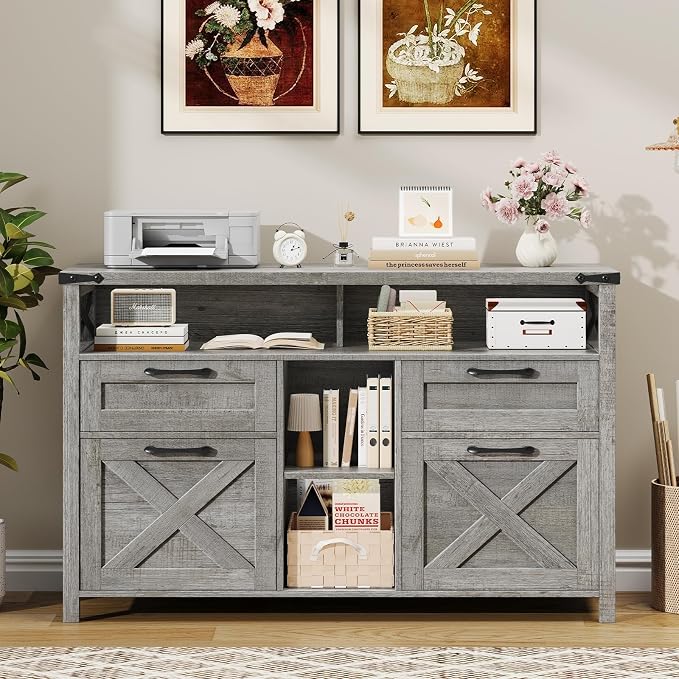 Halitaa File Cabinet with Open Storage Shelf for Home Office, Gray | Farmhouse, Lateral Filing Organization Storage Cabinets, 4 Drawers, Adjustable Shelf, Hanging Files Letter/A4