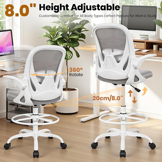 Ergonomic Drafting Chair with Flip-Up Armrests & Adjustable Footrest – Tall Office Chair for Standing Desks, Lumbar Support, Gray – Home & Office Comfort
