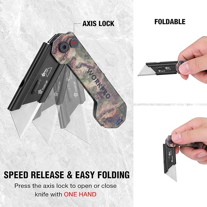 WORKPRO EDC Folding Utility Knife, Mini Box Cutter with Quick Open Axis Lock, Quick Change Blade Razor Knife, Foldable Small Pocket Knife with Belt Clip, 1 Pack with 10 Extra Blades