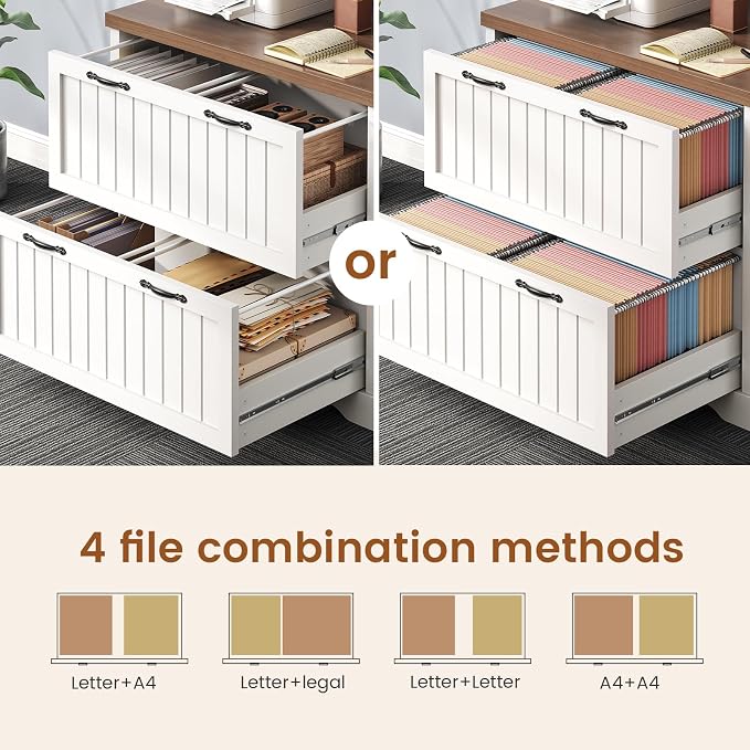 SEDETA 2 Drawer Filing Cabinet, Farmhouse File Cabinet for Home Office with Storage Shelves, Wood Tall Office Filing Cabinet fits Letter, Legal, A4 Size, Lateral File Cabinets with Bookshelf, White