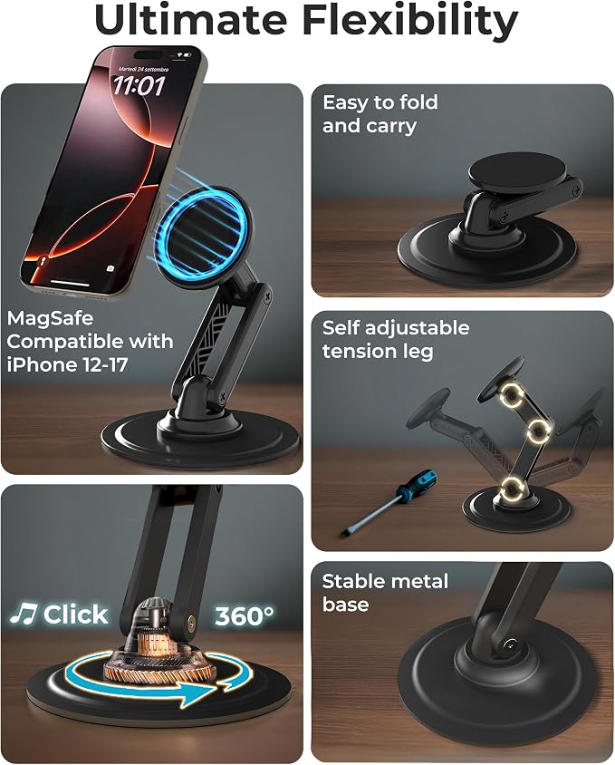Cooper Mag360 Magnetic Phone Stand for Desk, MagSafe Stand for iPhone 17 | 360° Rotating, Adjustable, Foldable, Portable, Strong Magnet, incl. 2 Steel Rings, Magsafe Phone Holder, Fits all iPhones