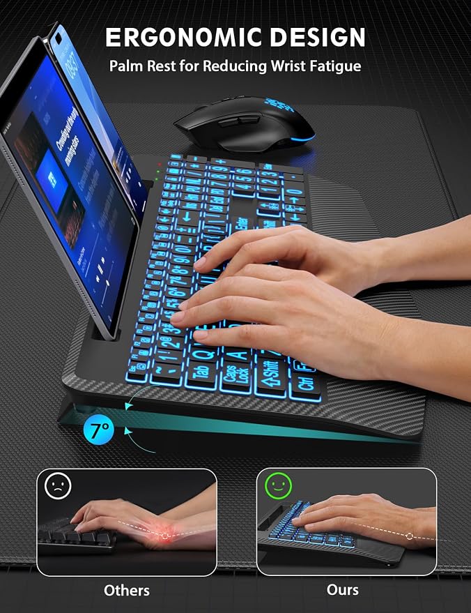 Wireless Keyboard and Mouse Combo, Large Print Backlit Scissor Keys | Textured Wrist Rest, Phone Holder, Rechargeable, 7-Color Lighting, LED Mouse, Quiet Typing, Win/Mac/ChromeOS, KM22 Ultra+
