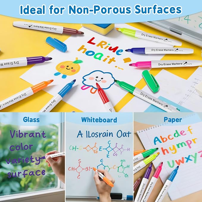 108 Count Dry Erase Markers Bulk, Fine Tip Whiteboard Markers in 12 Colors | Low Odor Ink, Quick-Dry, Non-Toxic, Smooth Writing, Office, Classroom, Back to School Supplies