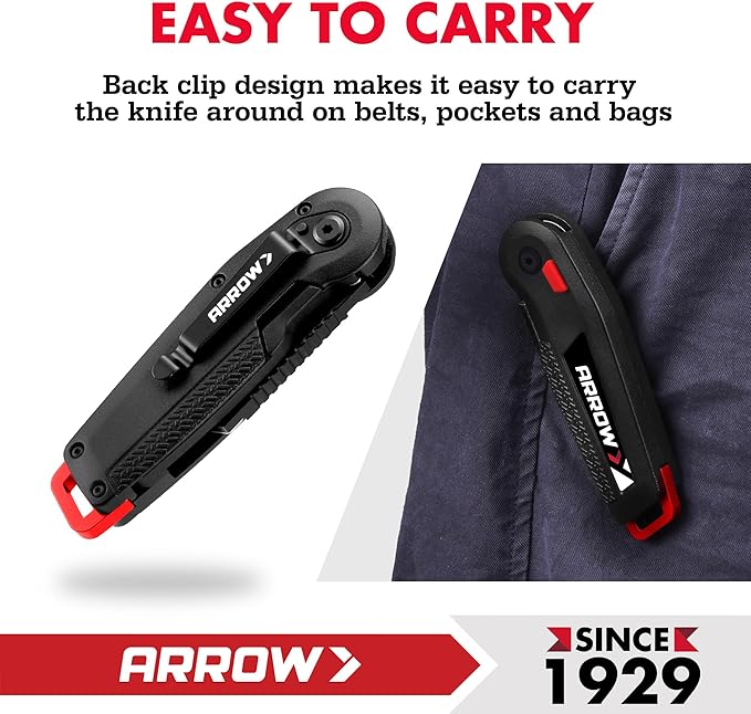 ARROW Utility Knife, Speed Release Folding Knife with Blade Storage Design, Quick Change Box Cutter with Belt Clip and Landyard Hole, Extra 13 Pieces SK2 Blades Included