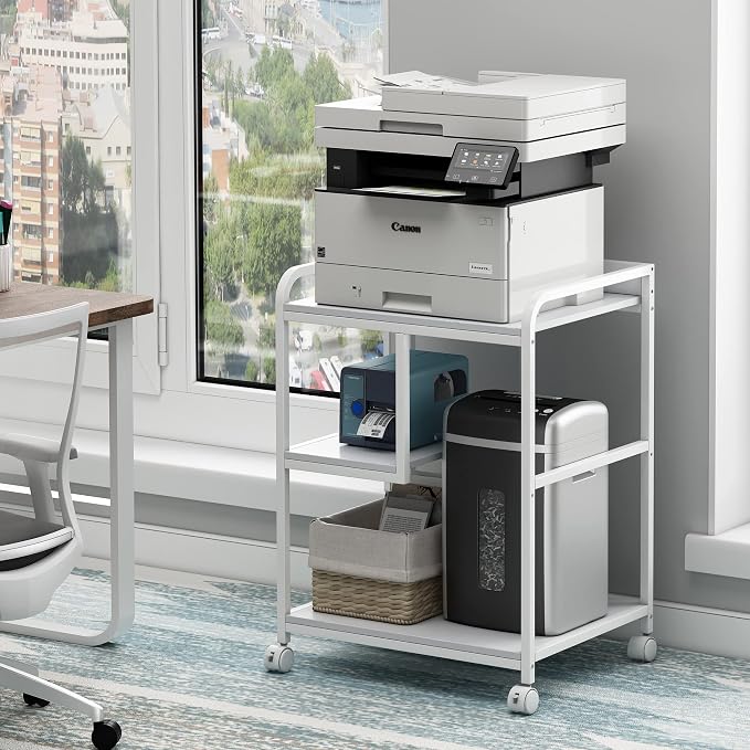 Fannova Large Printer & PC Tower Stand with Wheels for Home Office Storage | Table for 22"x18" Big Size Printer, Rolling Printer Cart with Shelf for Computer Tower CPU Shredder, White Color