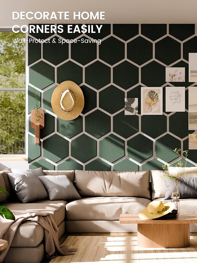 Fluxynara 8-Pack Hexagon Felt Bulletin Board Tiles, Pine Green-1 | Cork Board Alternative with 50 Adhesive Tabs for Notes, Photos and Reminders in Home Offices, Dorm and Classrooms