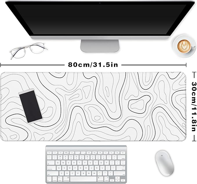 Long Gaming Mouse Pad Extended Anime Large Desk Pad with Non-Slip Base Full Keyboard Mat with Stitched Edges for Gaming and Office 31.5 x 11.8 inches (White Geometry)