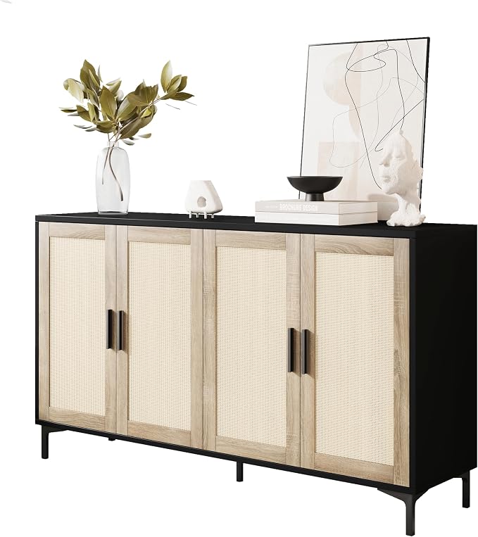 JASIWAY Sideboard Buffet Cabinet with Storage, 48" Rattan Coffee Bar | Credenza Storage Cabinet With Doors and Shelves, Black Rattan Cabinet for Dining Room, Entryway and Living Room, Anti-Tip