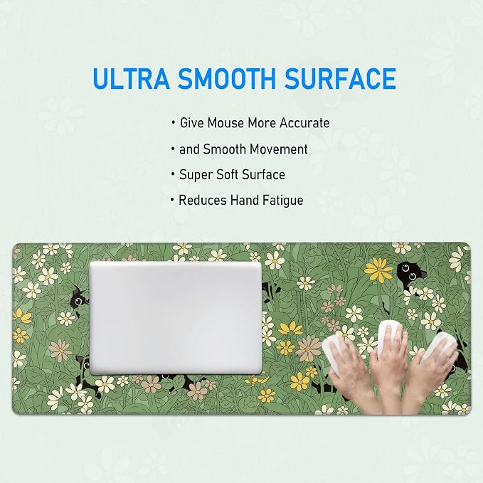 Green Wild Grass Flower Desk Mat,Black Cat Large Mouse Pad,31.5x12in | Cute Kitty Extended Gaming Keyboard Mat,XL Kawaii Anime Plant Mousepad with Non-Slip Base and Stitched Edge,80 x 30 cm
