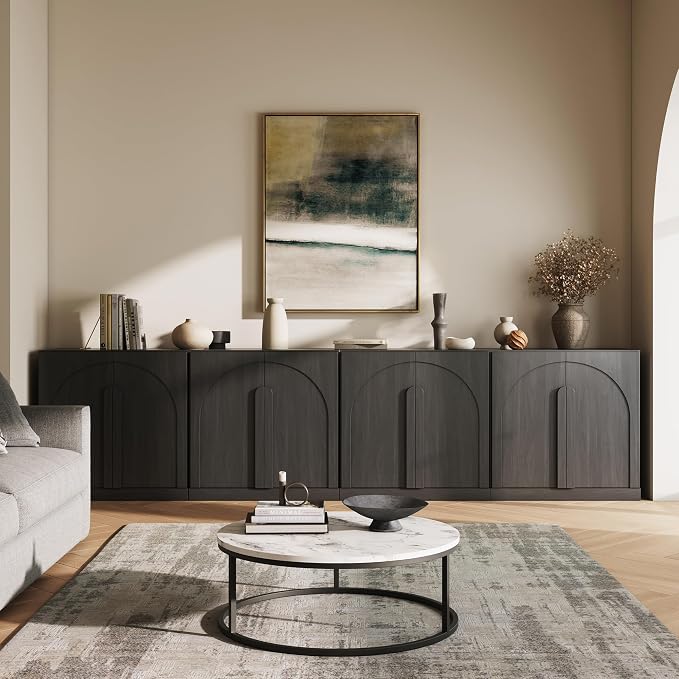 BELLEZE 2 Tier Bookshelf with Arched Wood Door, Set of 4 Modern Display Bookcase Shelf with Storage and Adjustable Shelves, 126" Wood Bookshelves for Living Room Office Entryway (Ebony)
