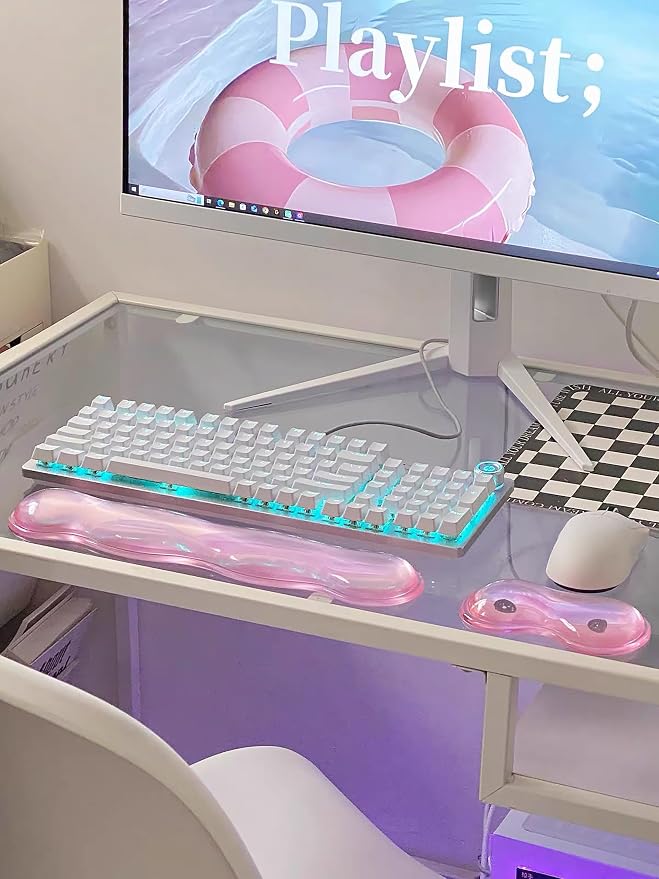 Mouse Pad with Wrist Rest, Soft Cloud Gel Keyboard Mouse Pad Set with Hand Wrist Support, Cute Non Slip Office Desk Accessories for Comfort/Pain Relief/Computer/Laptop (Pink Wave)