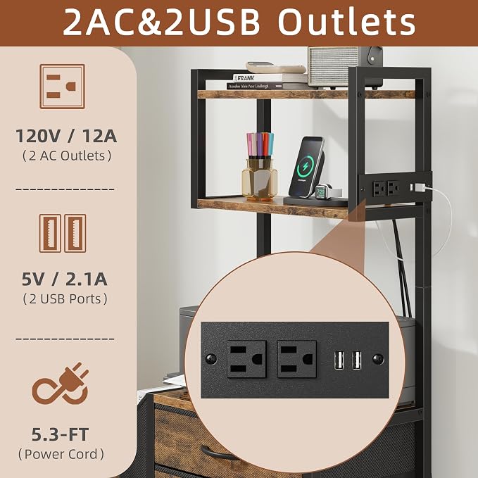 3 Drawer File Cabinet with Charging Station, 45''H, 3-Tier Small Filing Cabinet for Home Office, 11''*16'' for Small Printer, Fabric Drawer Fits Letter/A4, Tall Printer Stand, Rustic Brown