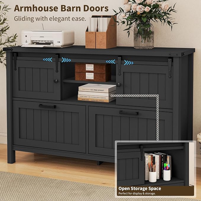 Farmhouse File Cabinet for Legal/ A4 /Letter Size, Black | Filling Cabinet Printer Stand with Outlets & USB Ports for Home Office, Remote Work, Entryway, Sliding Doors & 2 Drawers
