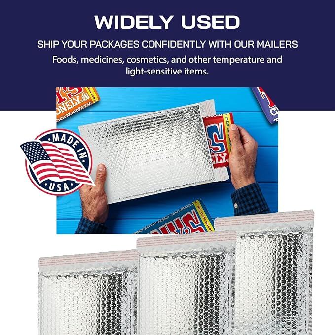 Waterproof Insulated Foil Thermal Bubble Mailers 8x11, 500-Pack | Ideal for cosmetics, supplements, skincare & small perishables. Tear-resistant metallic lining keeps items hot or cold.