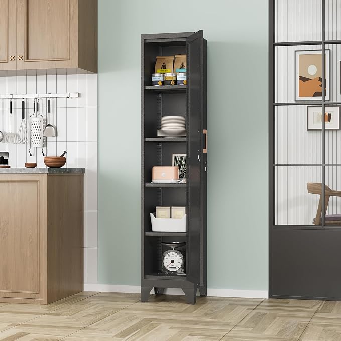 67"H Black Metal Locker with 1 Lockable Door and 4 Adjustable Shelves For Employees, 5 Tier Thin Storage Cabinet with Detachable Legs and Gold Handle for Kitchen,Office,Gym,School,Easy Assembly 2Pcs