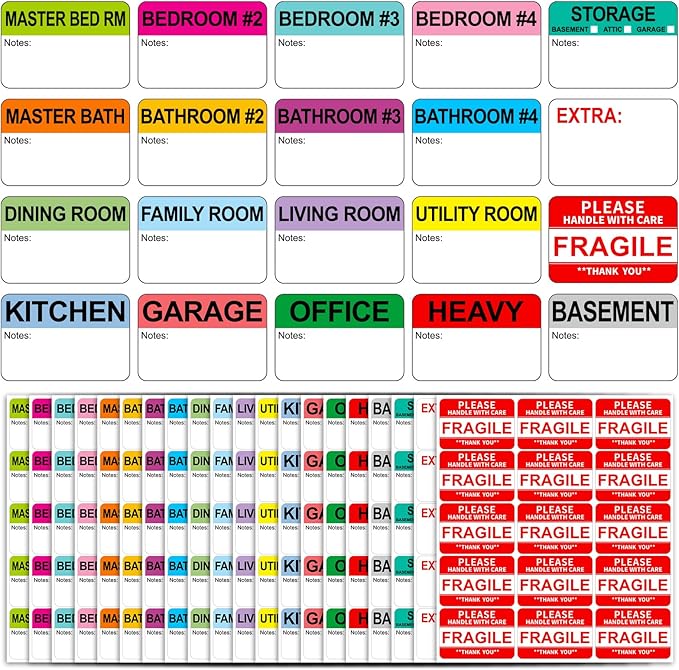 600 Writable Stickers 2” x 3” Each,20 Designs Pre-Printed Color-Coded Home Moving Packing Box Labels with Fragile, Extra, Heavy Labels